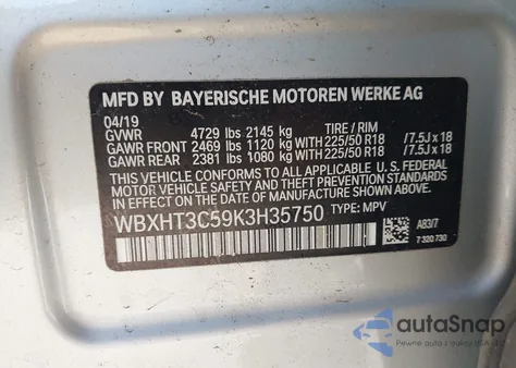 2019 BMW X1 xDrive28I z USA, uszkodzony, nr VIN WBXHT3C59K3H35750